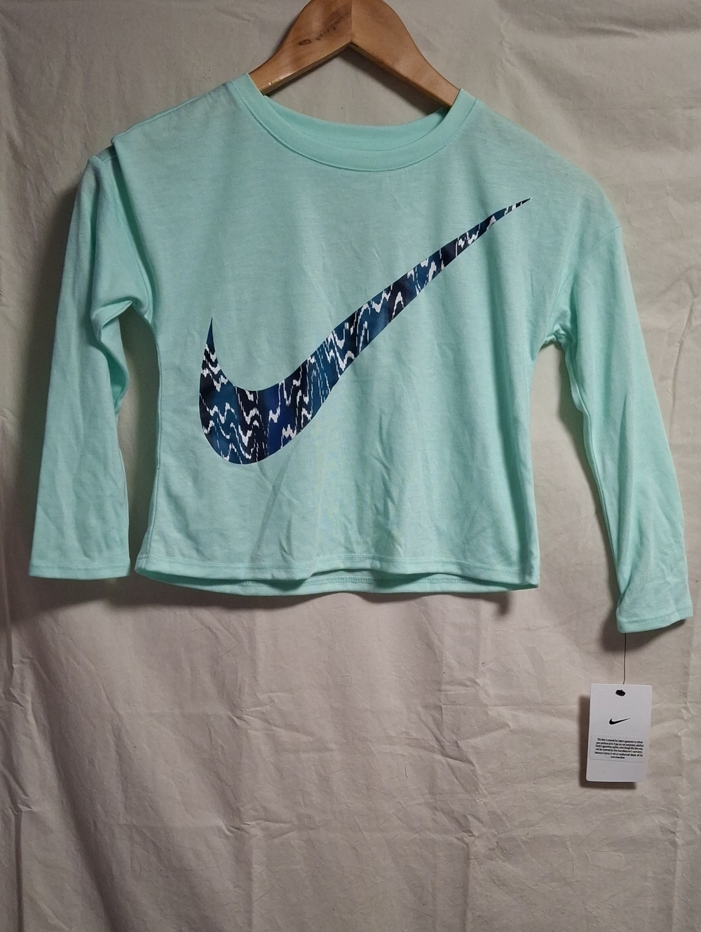 Nike Mint Green Long-Sleeve Tee with Navy Patterned Swoosh